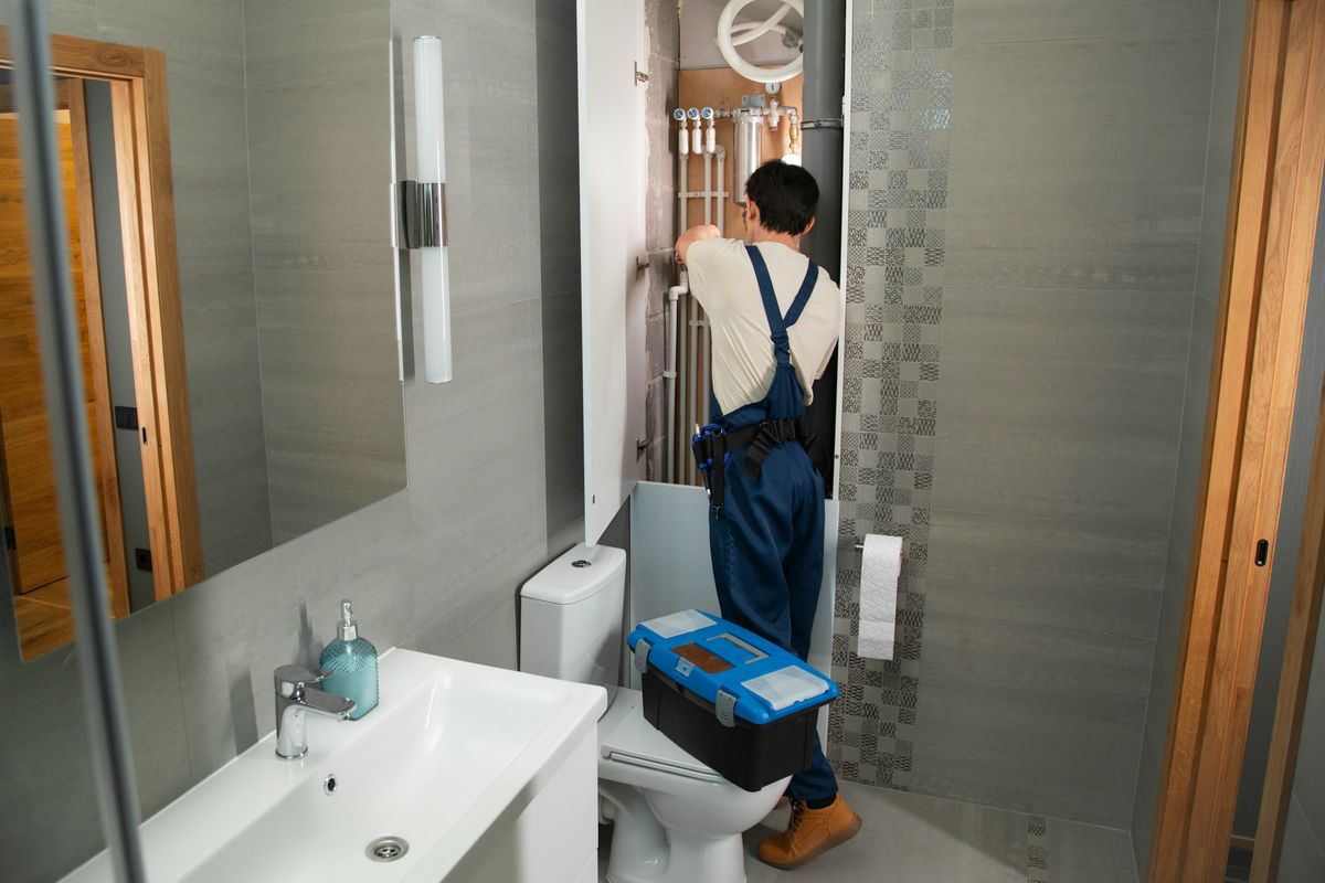 Een loodgieter in overall werkt aan de leidingen in een badkamer